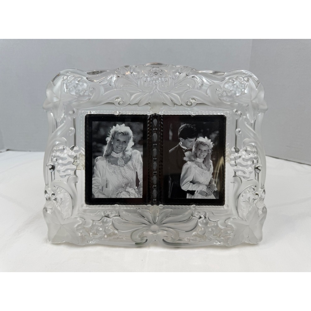 Vintage Frosted Glass Double Picture Frame Floral Relief Wedding Decor 11.5x9